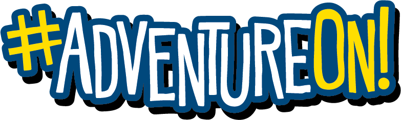 The text: #adventureon! in yellow and blue