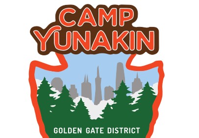 Camp Yunakin in stylized text above a San Francisco city skyline with trees in the foreground