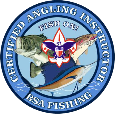 A blue round badge for Certified Angling Instructor with several fish in the middle