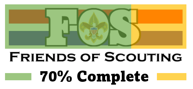 Friends of scouting logo (FOS with fleur de lys) and 70% complete written below