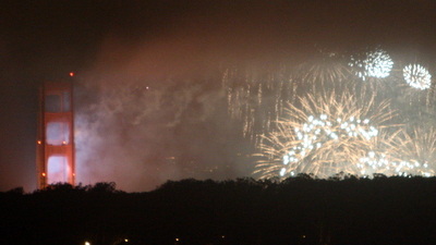 fireworks next to the golden gate bridge