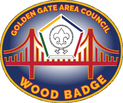 Wood badge logo in front of stylized golden gate bridge with 