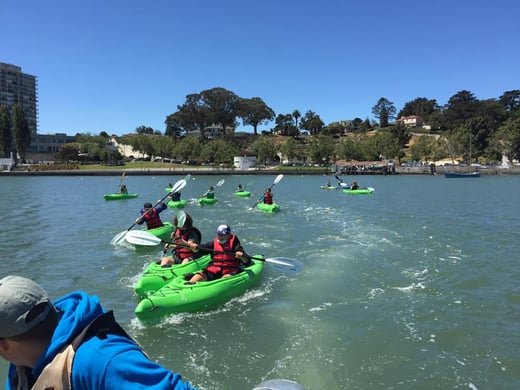 Kids rowing in kayaks in Aquatic Park